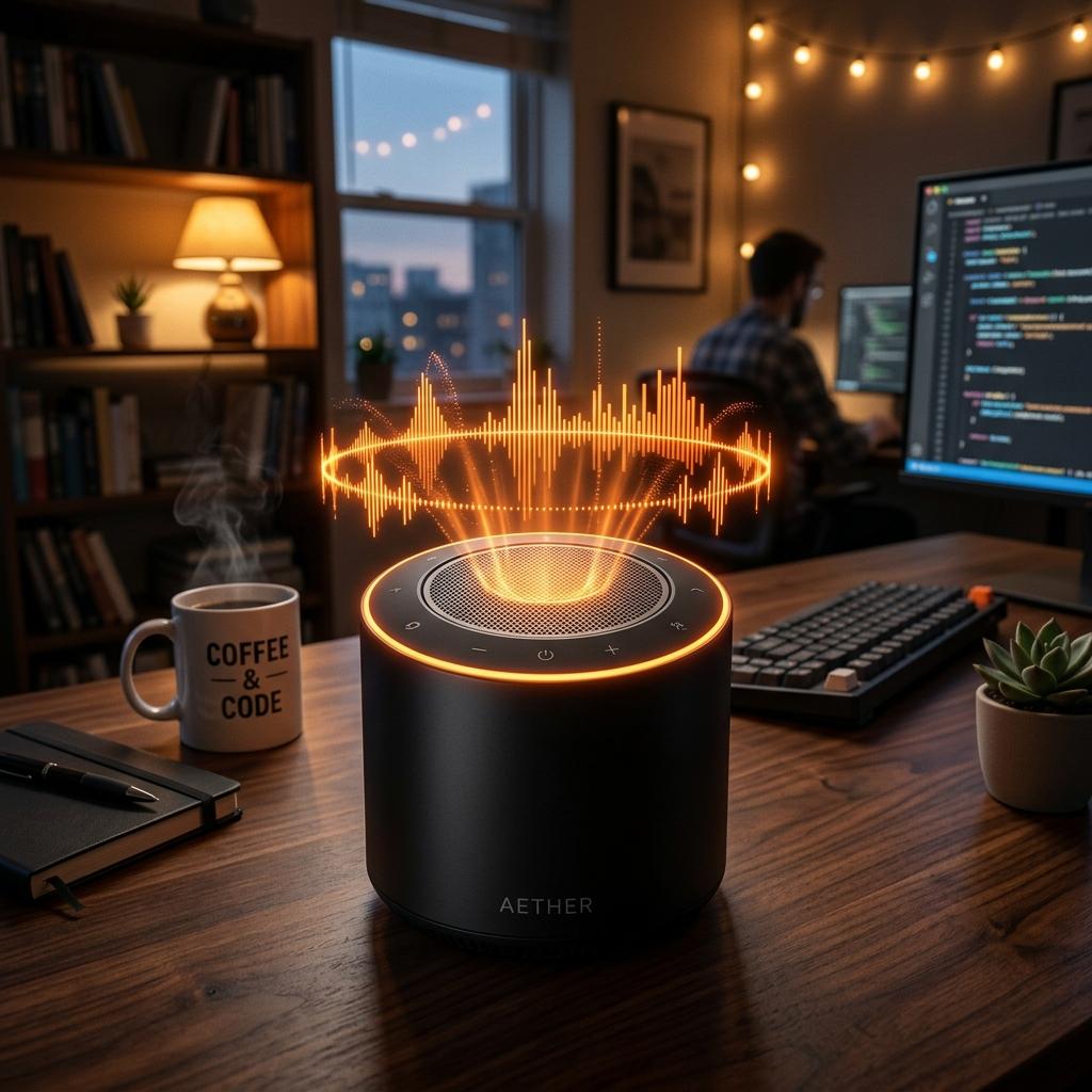 AJ Long Electric AI voice assistant device with glowing frequency sound waves