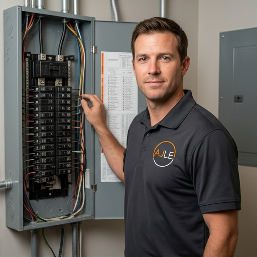An AJ Long Electric master electrician working at an electrical panel — the licensed, code-compliant work backed by the credentials listed on this page.