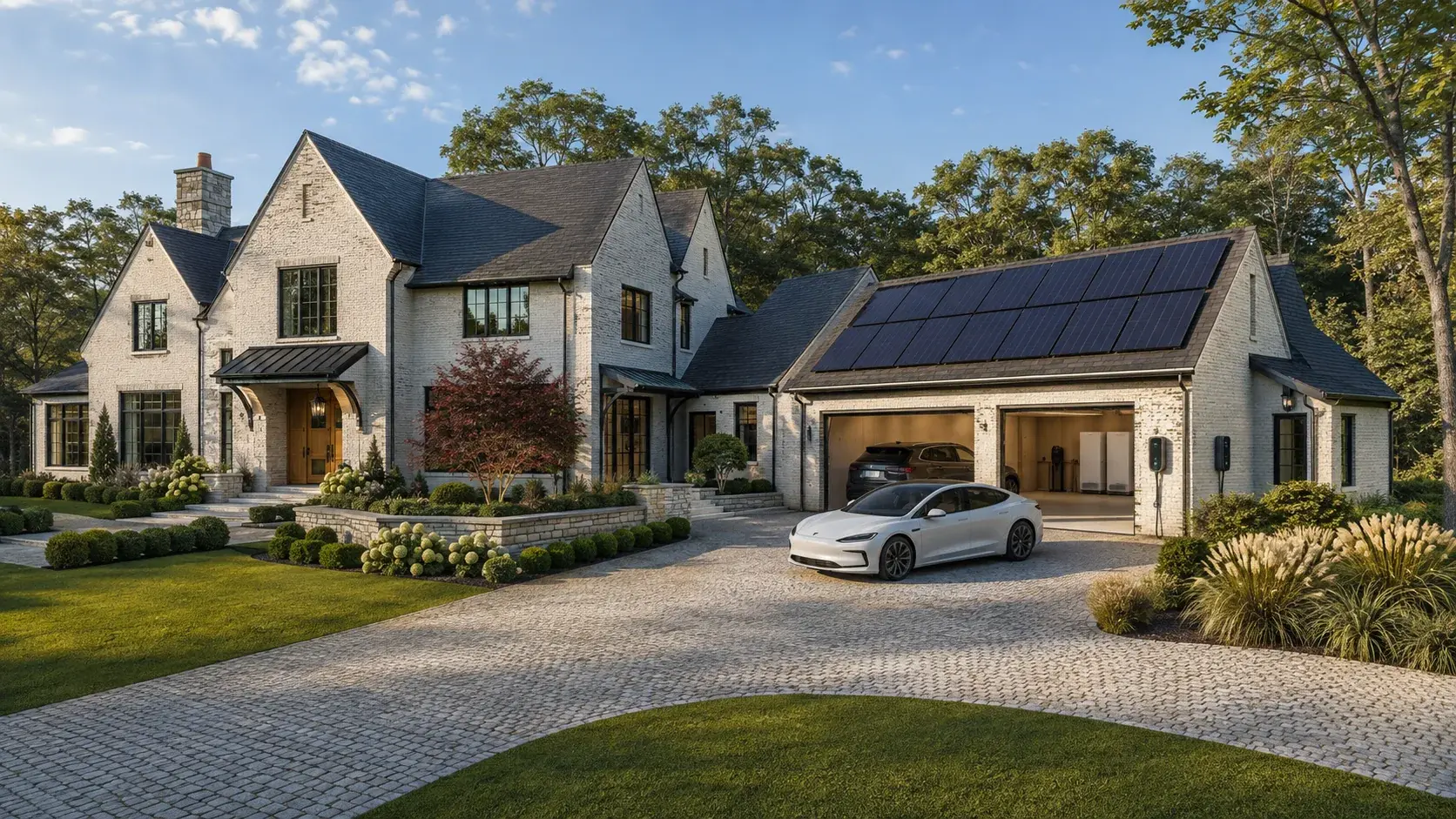 Architectural concept of a Fairfax County estate with painted brick, slate roofs, integrated solar, landscaped gardens, and an EV-ready garage
