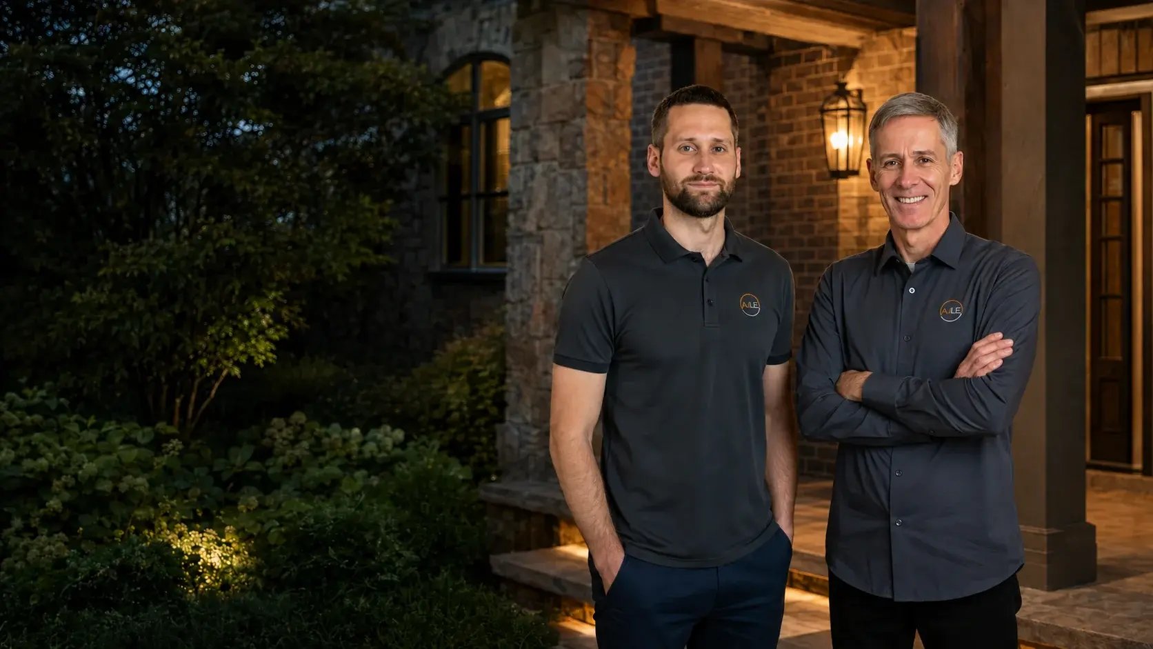 Father-and-son team in charcoal AJ Long Electric polos outside a warmly lit home