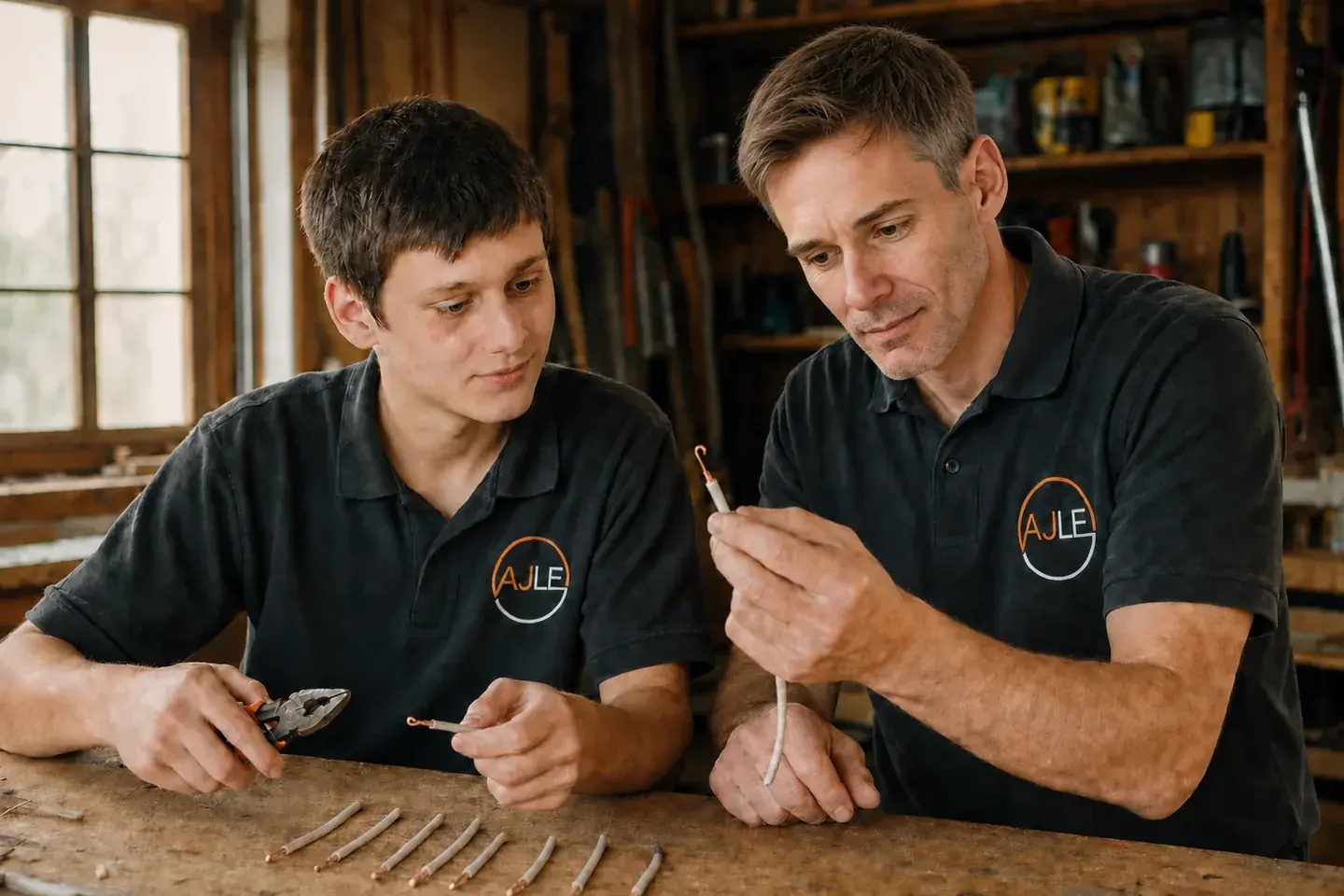 Illustrated scene of John patiently teaching a teenage Matt to form small copper loops using disconnected practice wire at a workbench