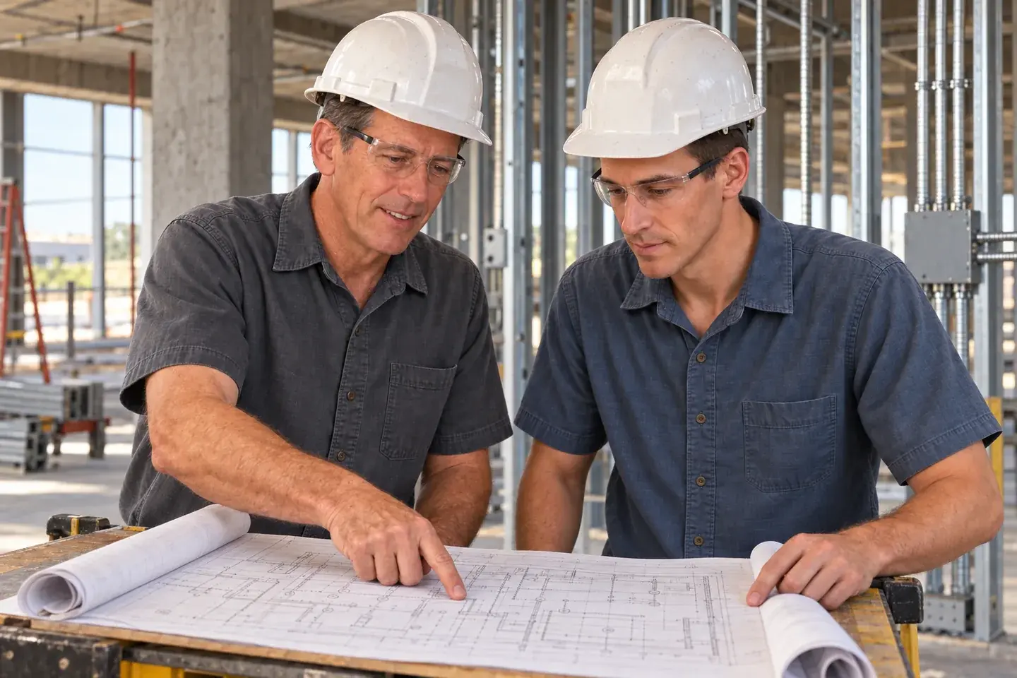 Illustrated scene of Tom Long guiding a young John through electrical plans at an unfinished commercial job site during their union years