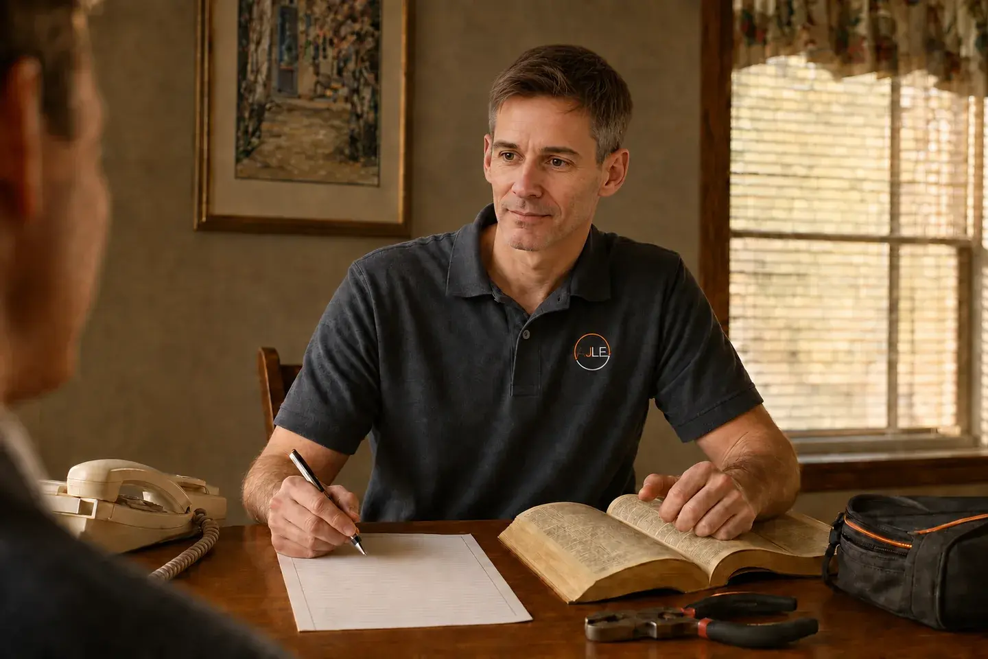 Illustrated scene of John at a desk with a telephone directory, pausing with a pen above his first advertising paperwork