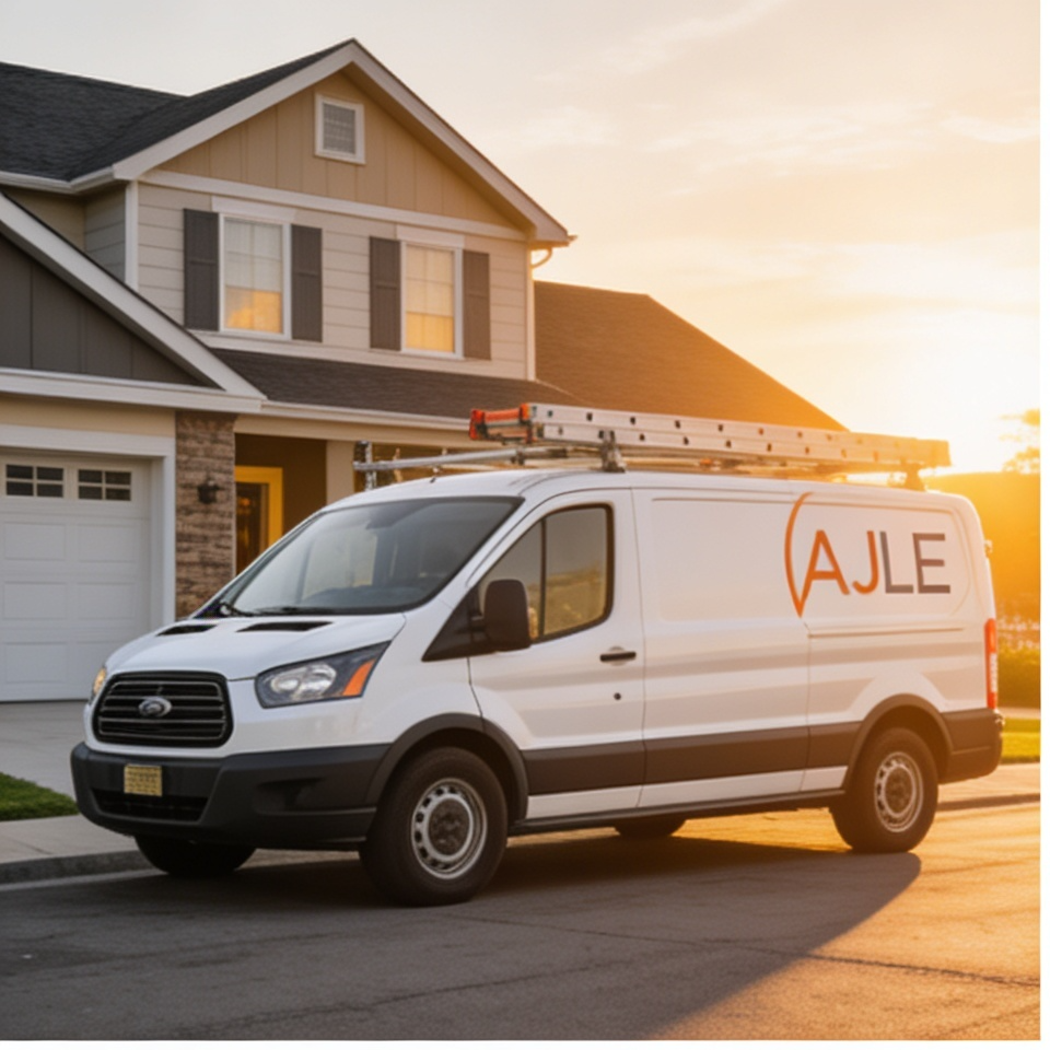 AJ Long Electric service van in a Maryland driveway at sunset — the work dispatched daily from our Bowie GBP.