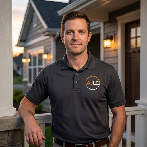 An AJ Long Electric electrician outside a home at dusk — the kind of residential work we have served Burke and Springfield homeowners with since the 1990s.