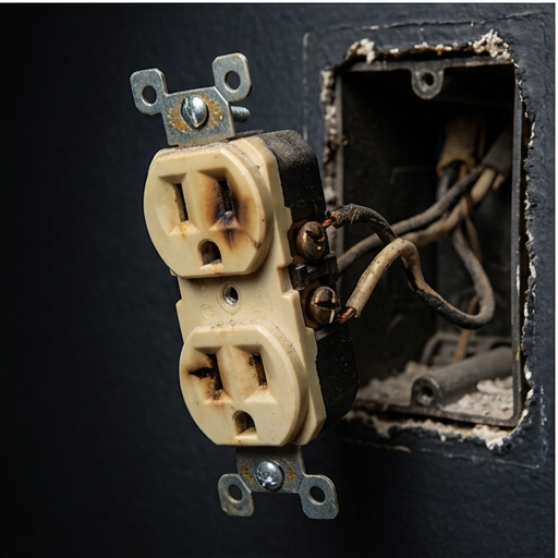 Burnt and damaged electrical outlet showing scorching that requires immediate replacement