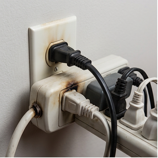 Overloaded outlet with too many devices plugged in, generating excess heat at the receptacle