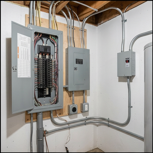 Main electrical panel with conduits — older homes with two-prong outlets often need panel and wiring updates to add grounding