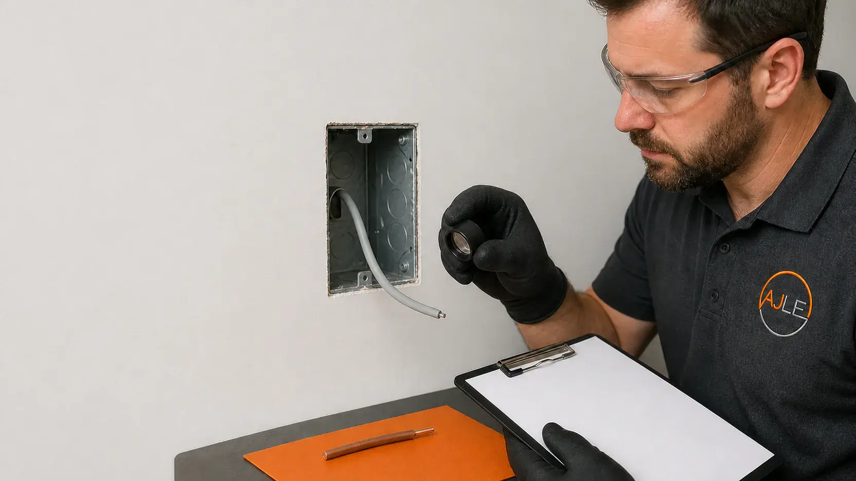 Electrician inspecting conductors and terminations at an open wall device box