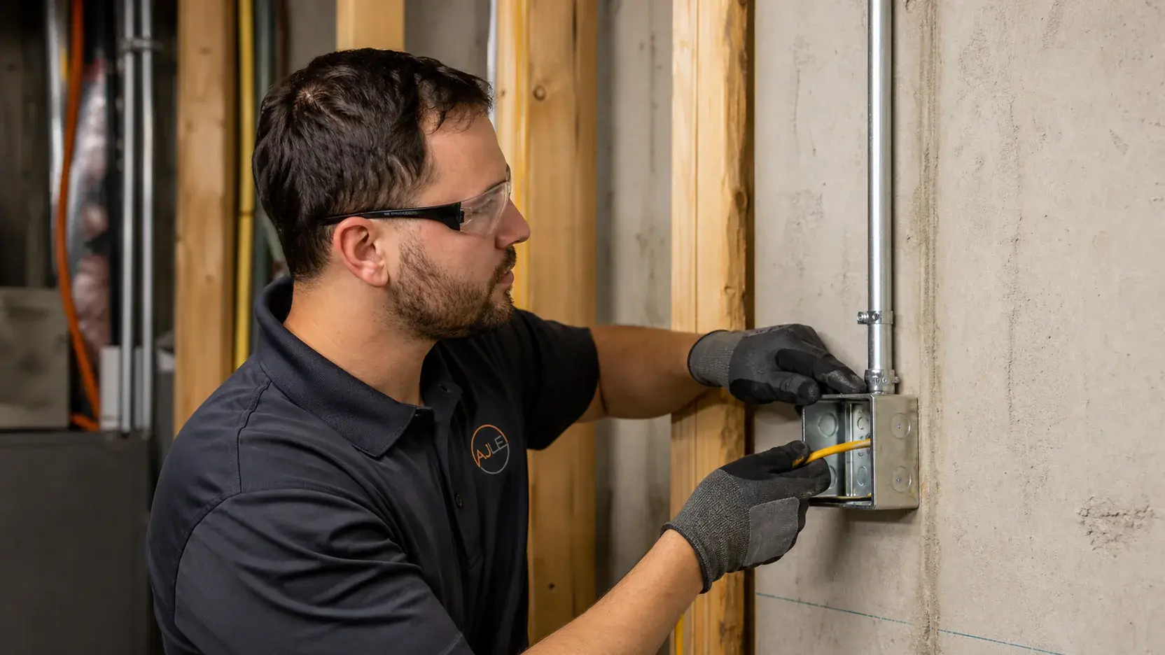 Electrician routing a dedicated electrical circuit through an unfinished utility space
