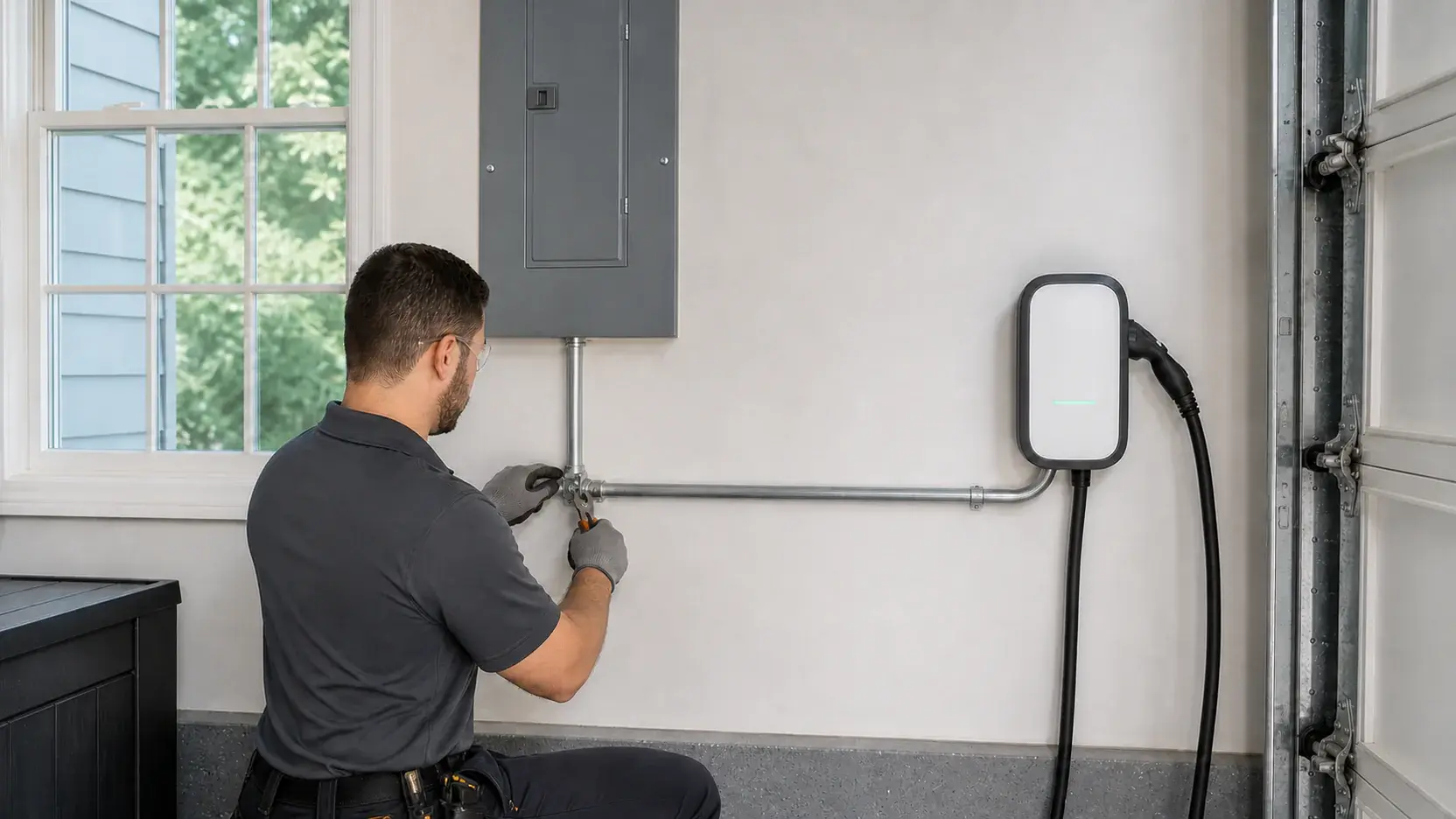 Electrician mounting conduit and a wall charger beside a residential garage panel