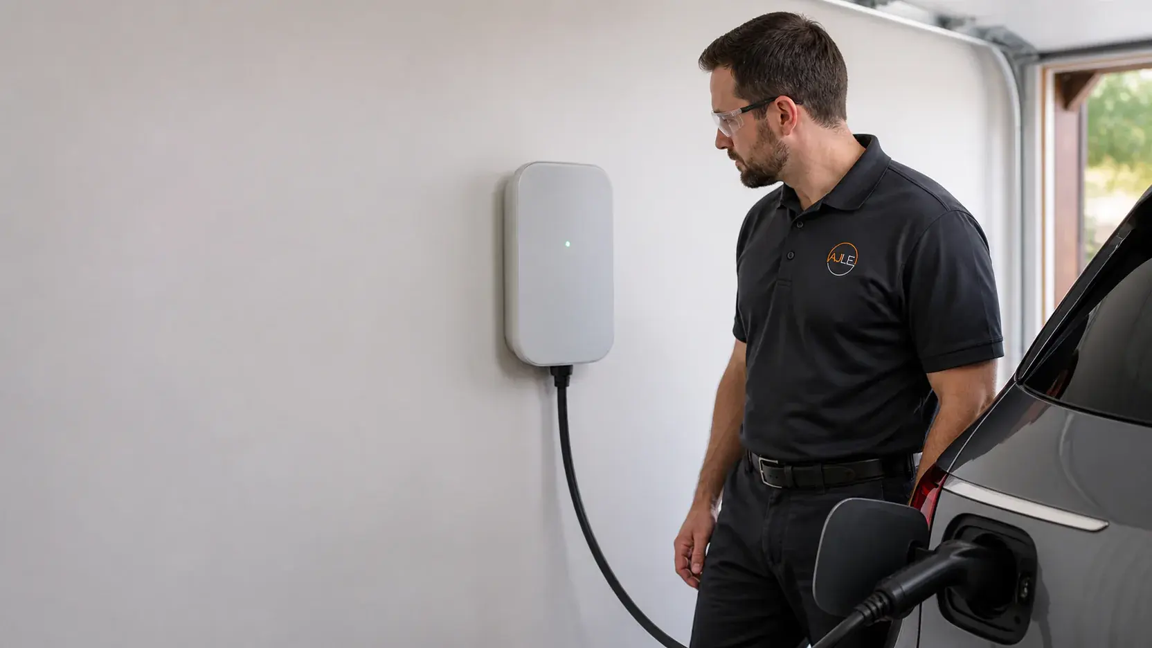 Wall-mounted electric vehicle charger beside a car in a residential garage
