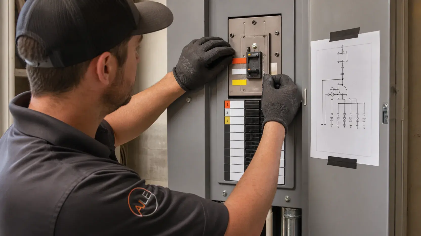 Electrician labeling residential transfer equipment and essential-circuit instructions
