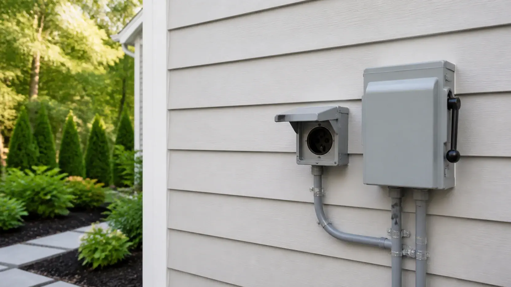 Outdoor portable-generator inlet mounted beside a home's electrical equipment