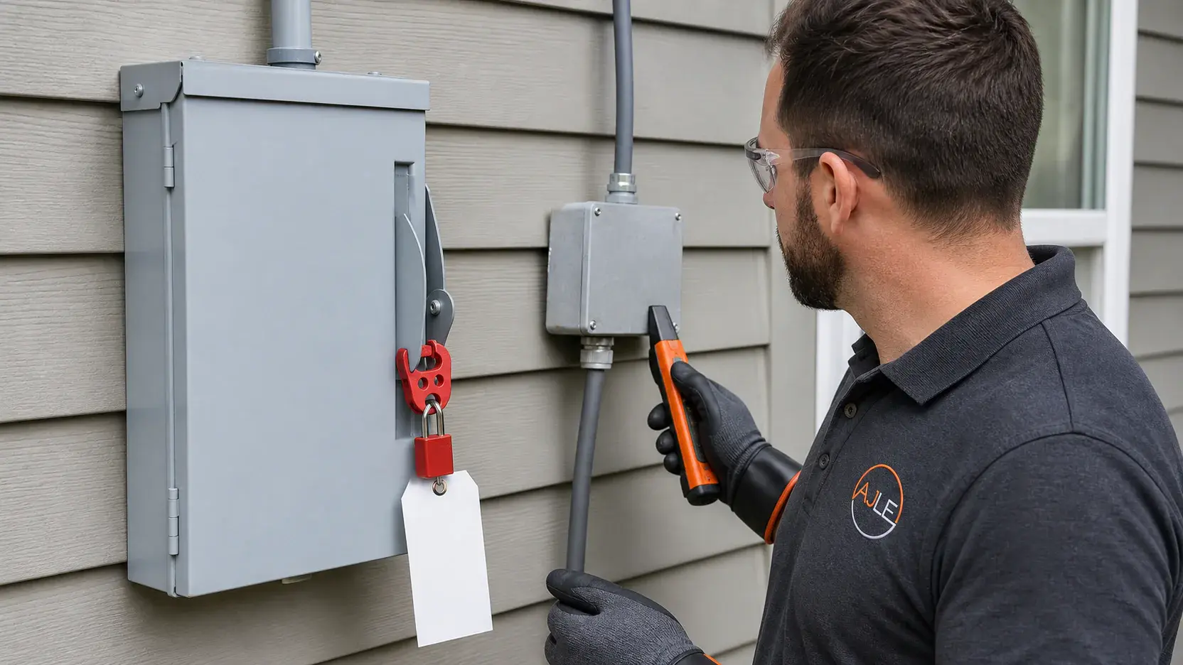 Electrician performing a residential circuit-analysis inspection with test equipment