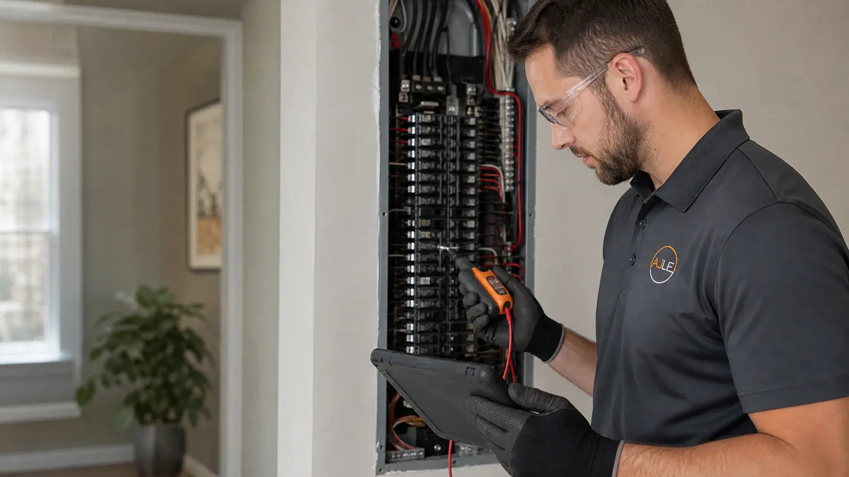 Electrician examining breakers and wiring inside an open residential panel