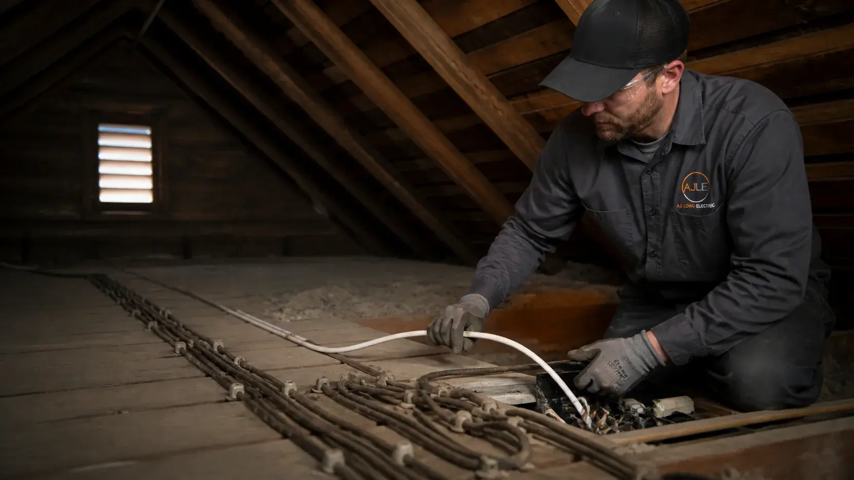 Visible knob-and-tube wiring running through an accessible attic framing bay