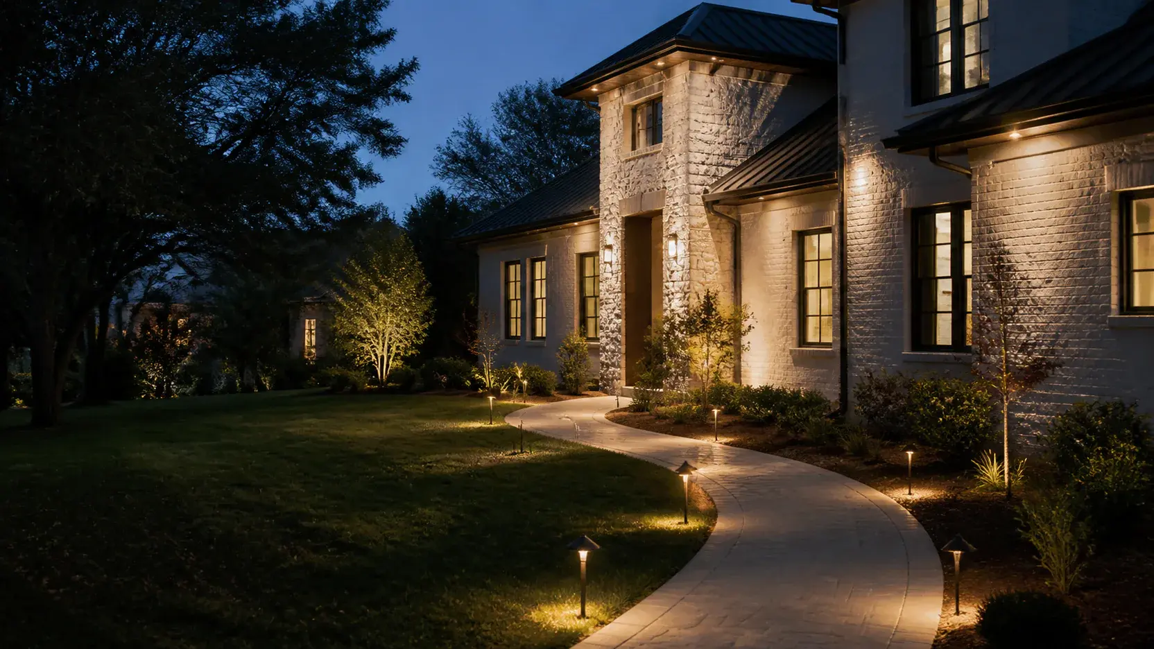 Illuminated front walkway with evenly aimed outdoor path lights