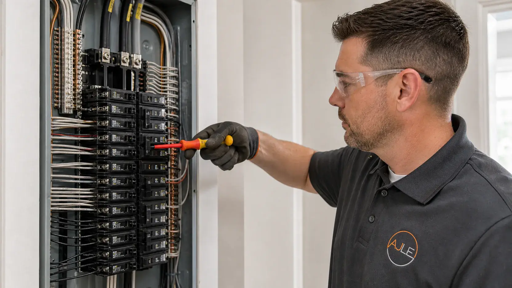 Electrician checking service conductors and connections inside an electrical panel