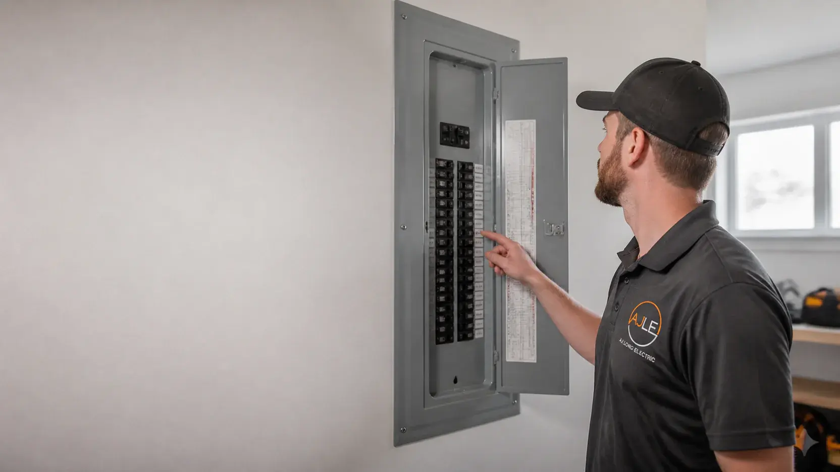 Open residential electrical panel with organized breakers and labeled circuits