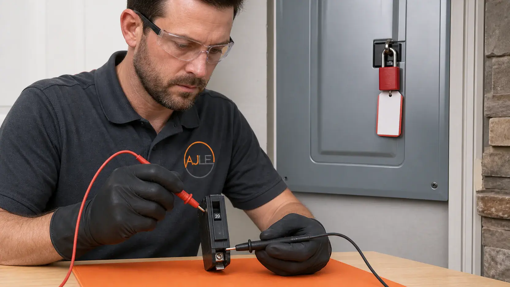Electrician testing a breaker removed from a locked-out residential electrical panel