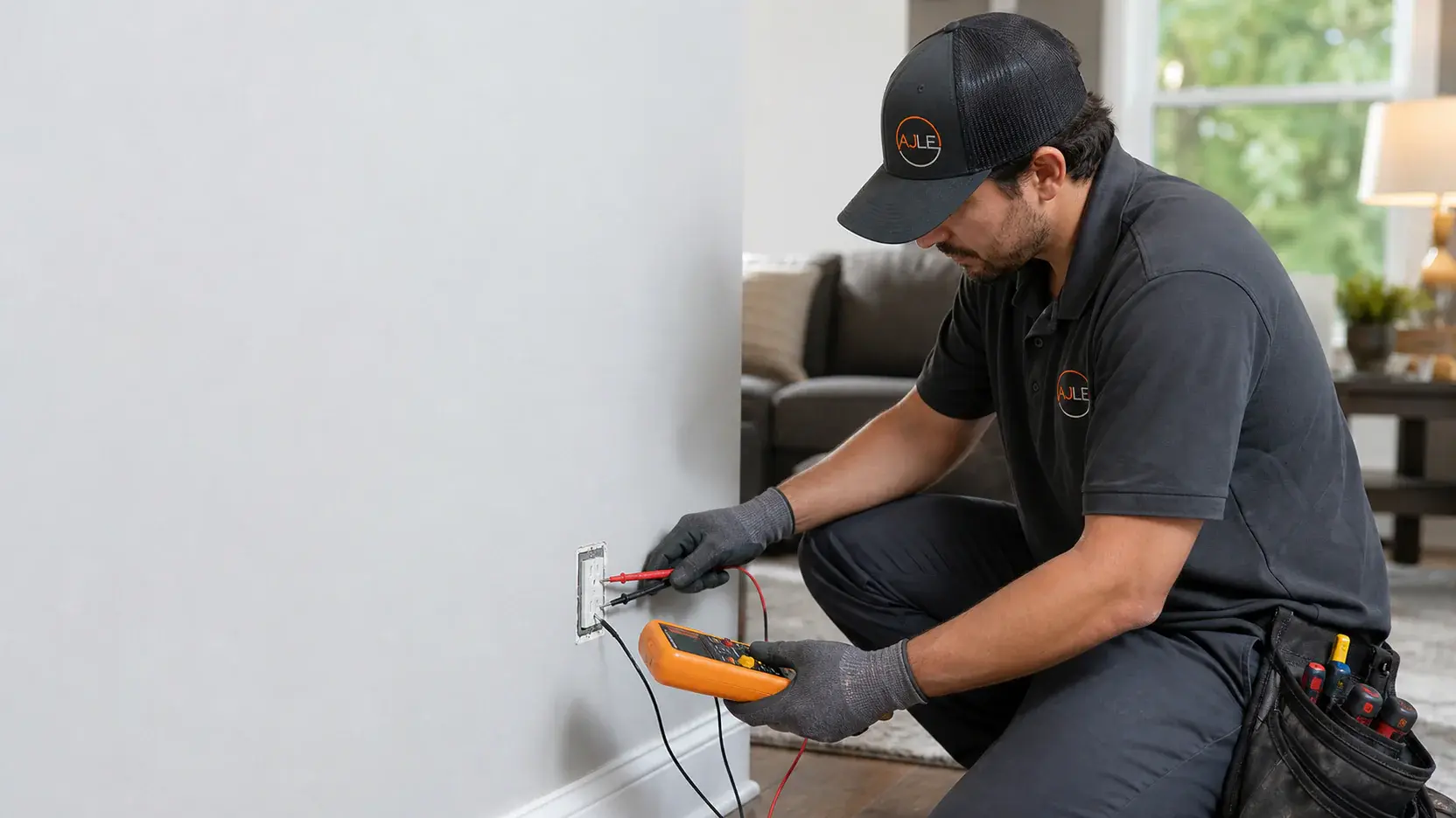 Electrician testing a residential wall outlet with the cover removed