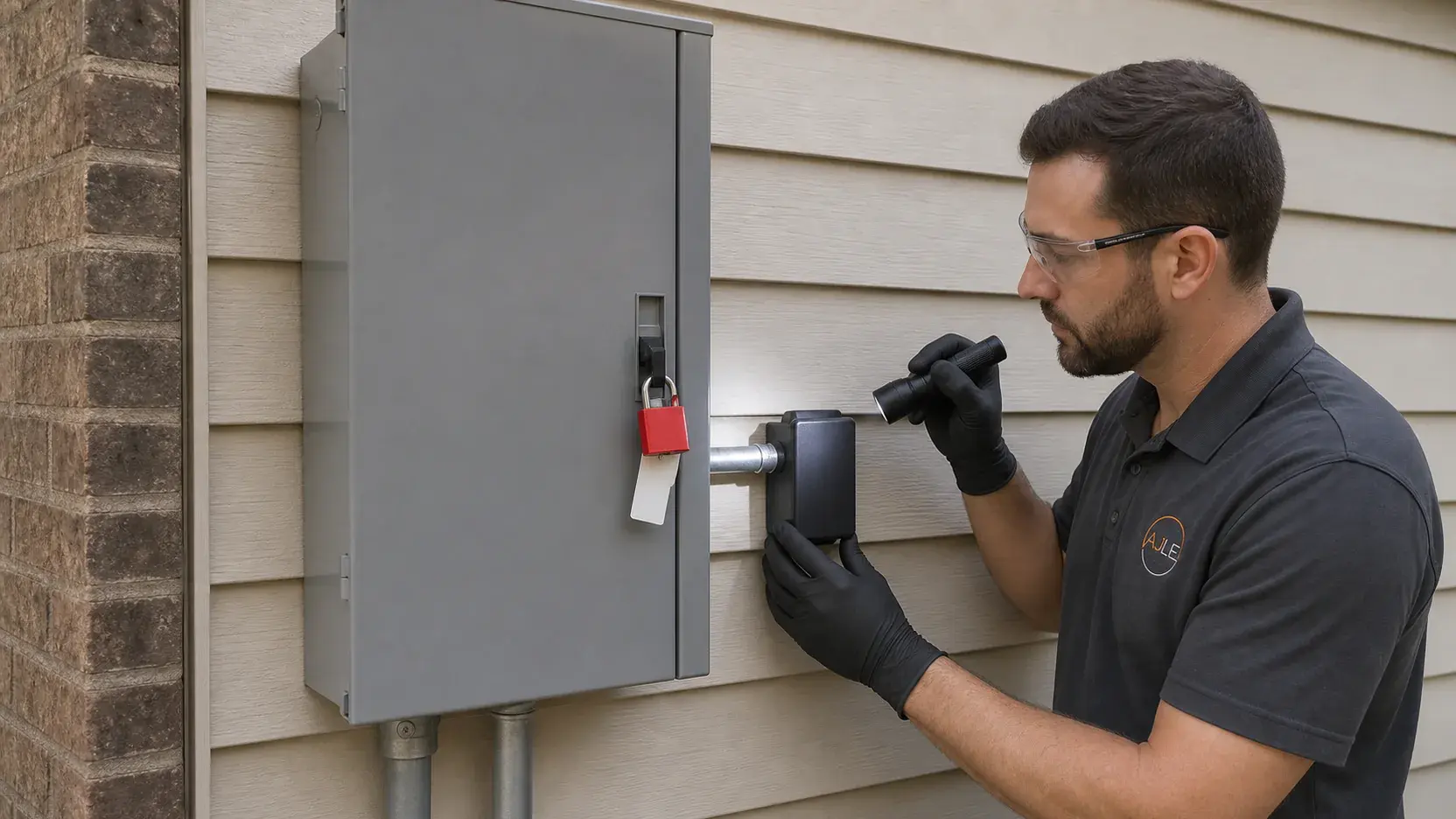 Electrician verifying grounding and connections at a panel-mounted surge protective device