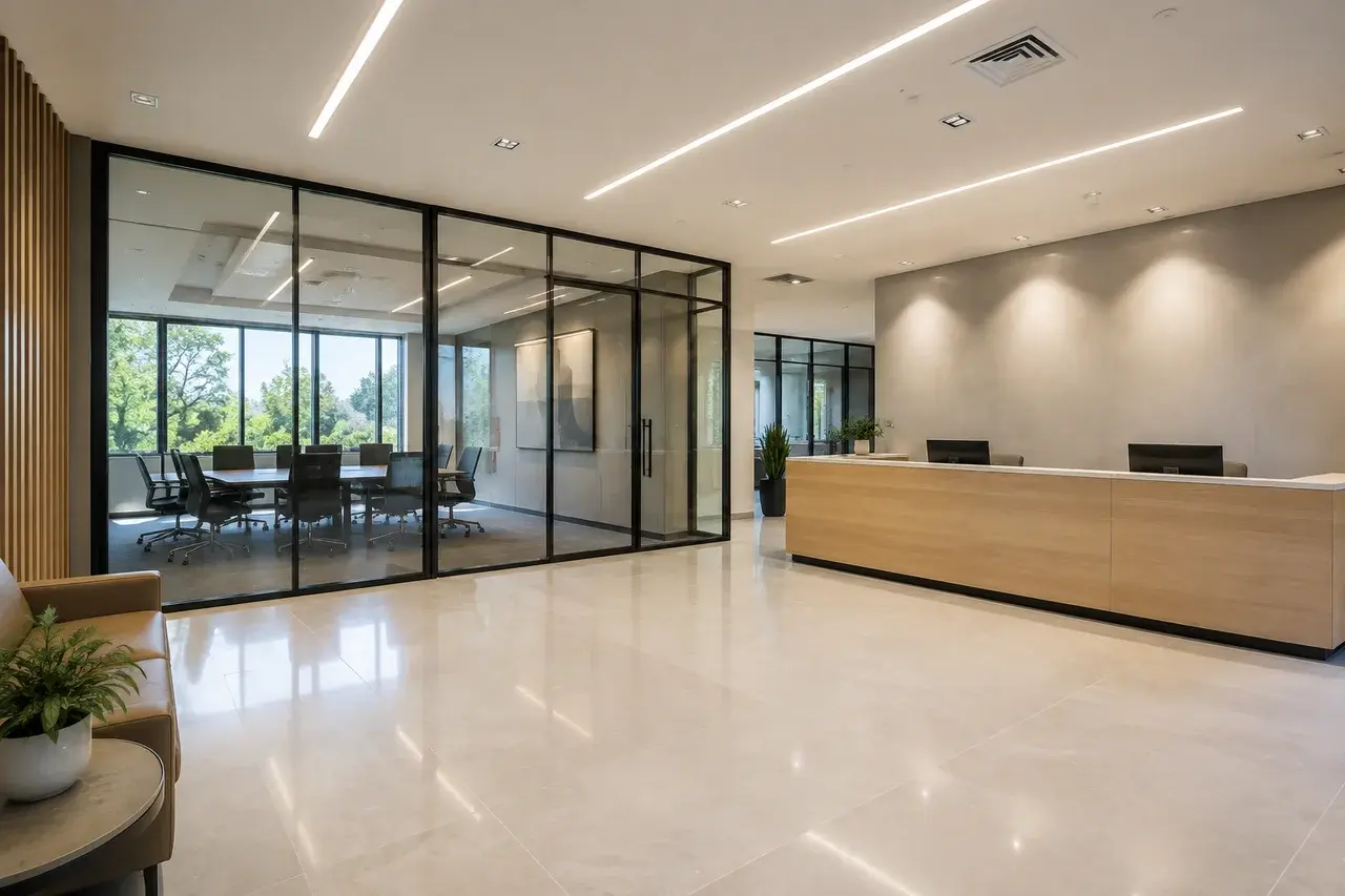 Finished office space with modern linear and recessed lighting