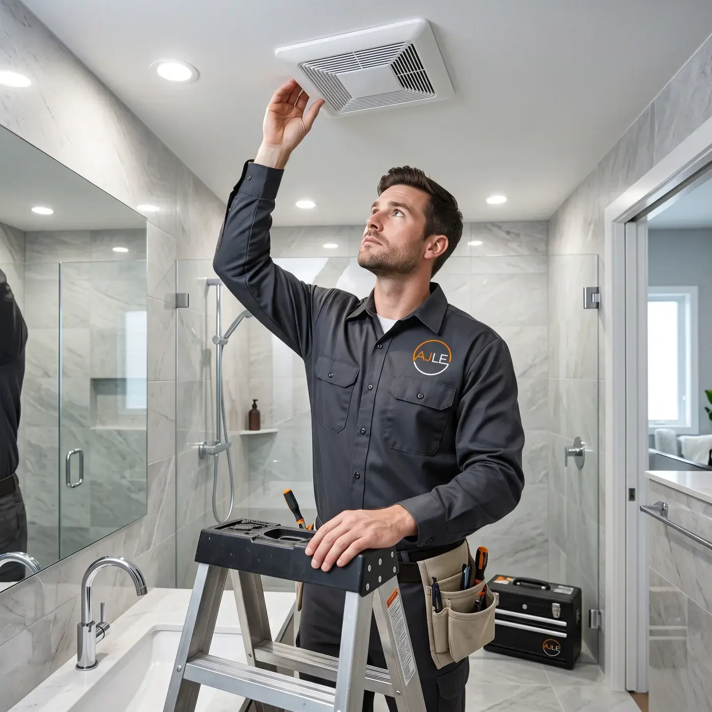 AJ Long Electric electrician performing bathroom exhaust fan installation