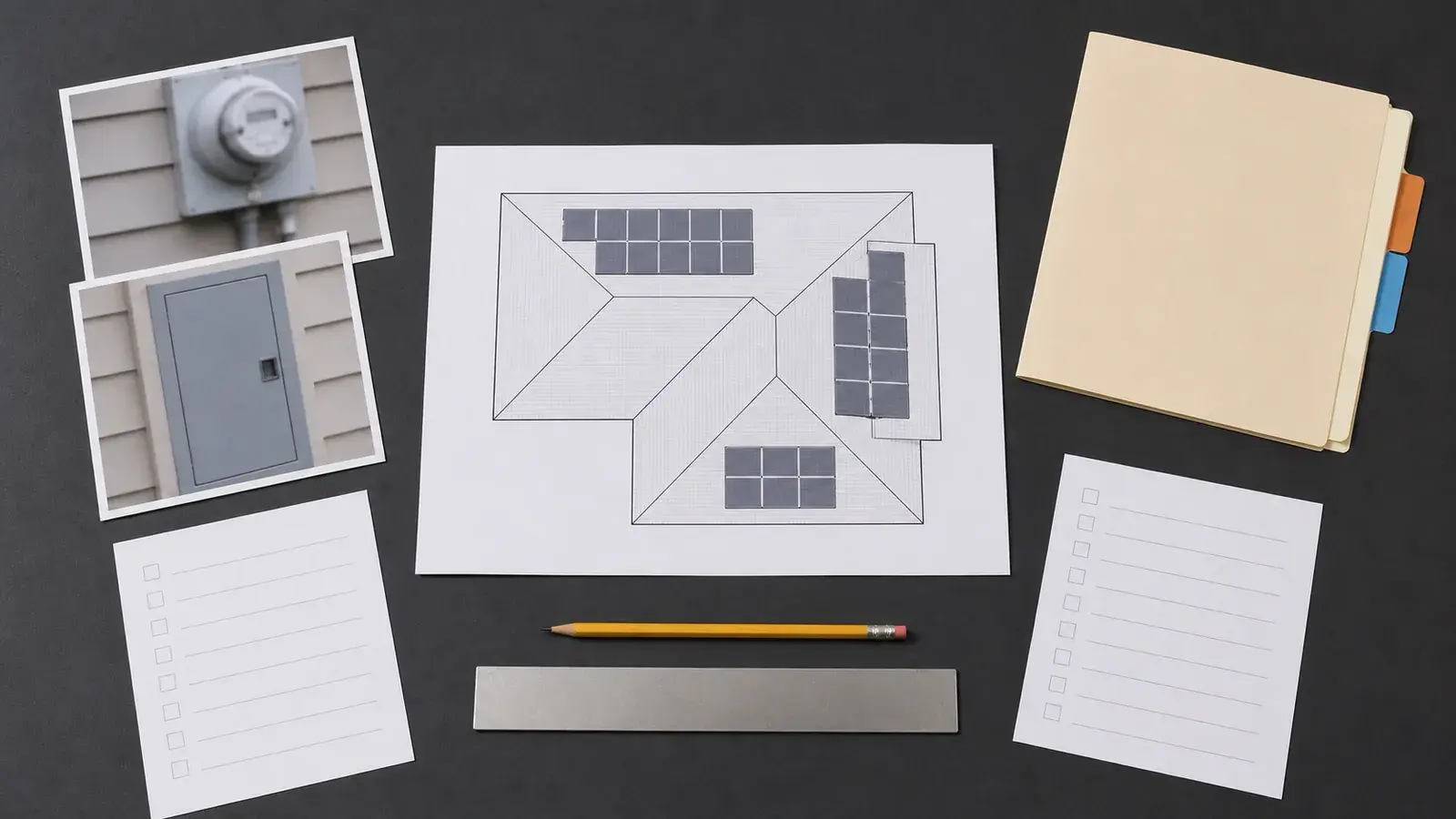 Text-free solar roof layout beside soft-focus meter and panel photos, blank checklists, colored tabs, a pencil, and an unmarked ruler