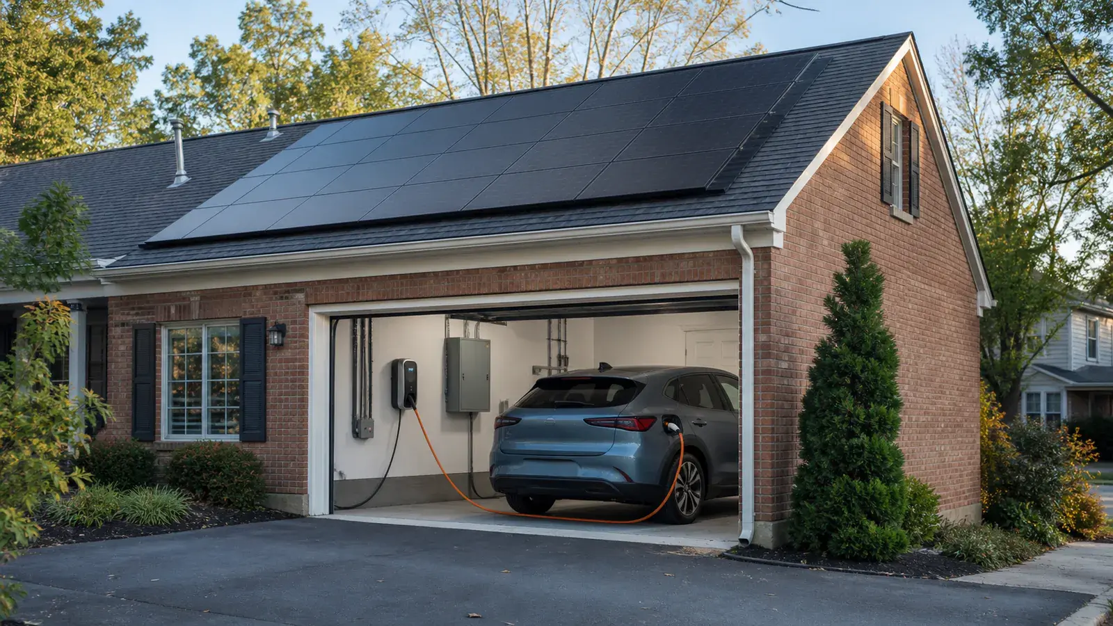 Rooftop solar array above a residential garage with a connected Level 2 charger, electric vehicle, and service panel