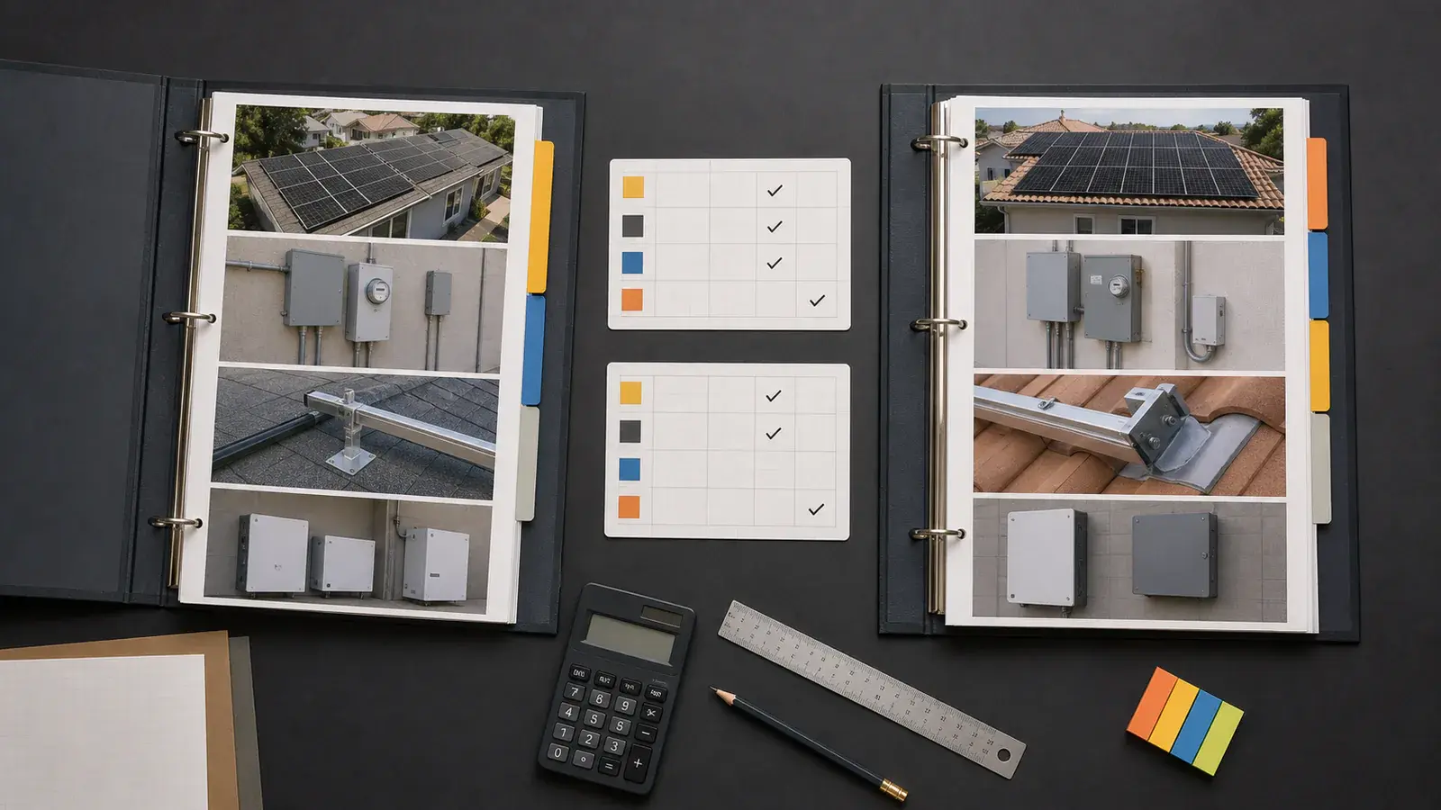 Two text-free solar scope binders comparing array, roof attachment, electrical service, and equipment photographs