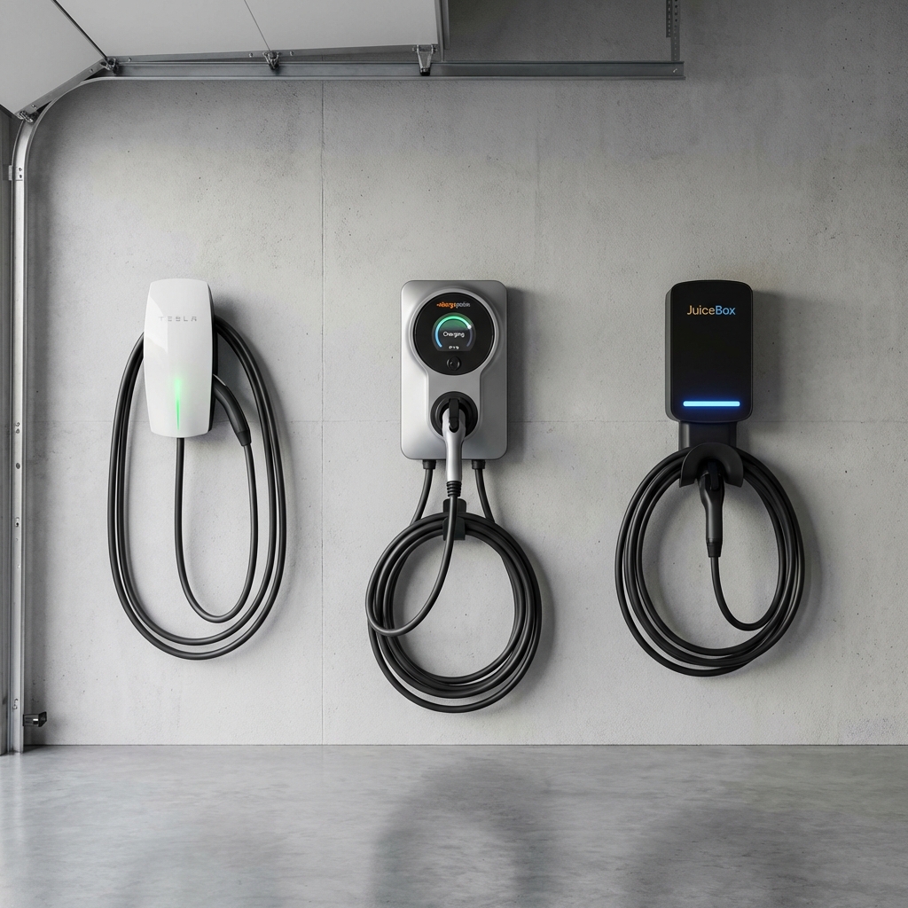Comparison of different EV charger types including Tesla Wall Connector and ChargePoint Home Flex